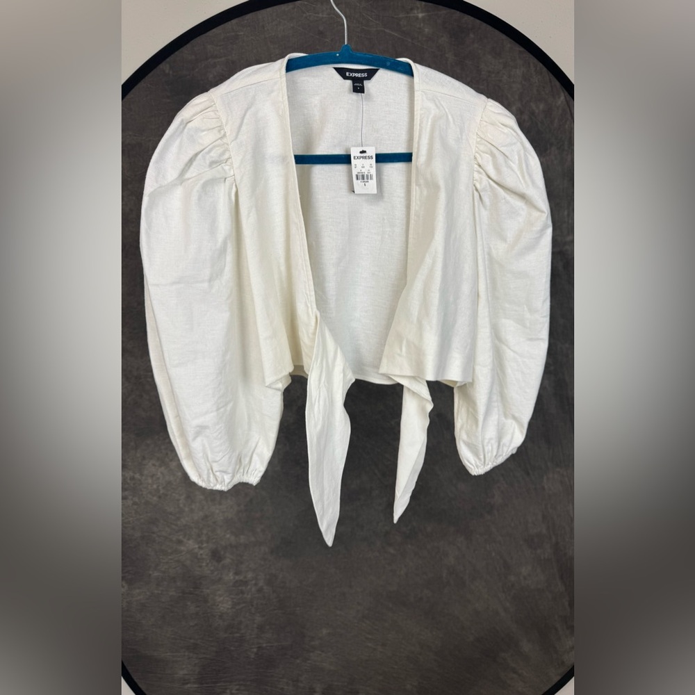 Express White Tie-Front Puff Sleeve Blouse